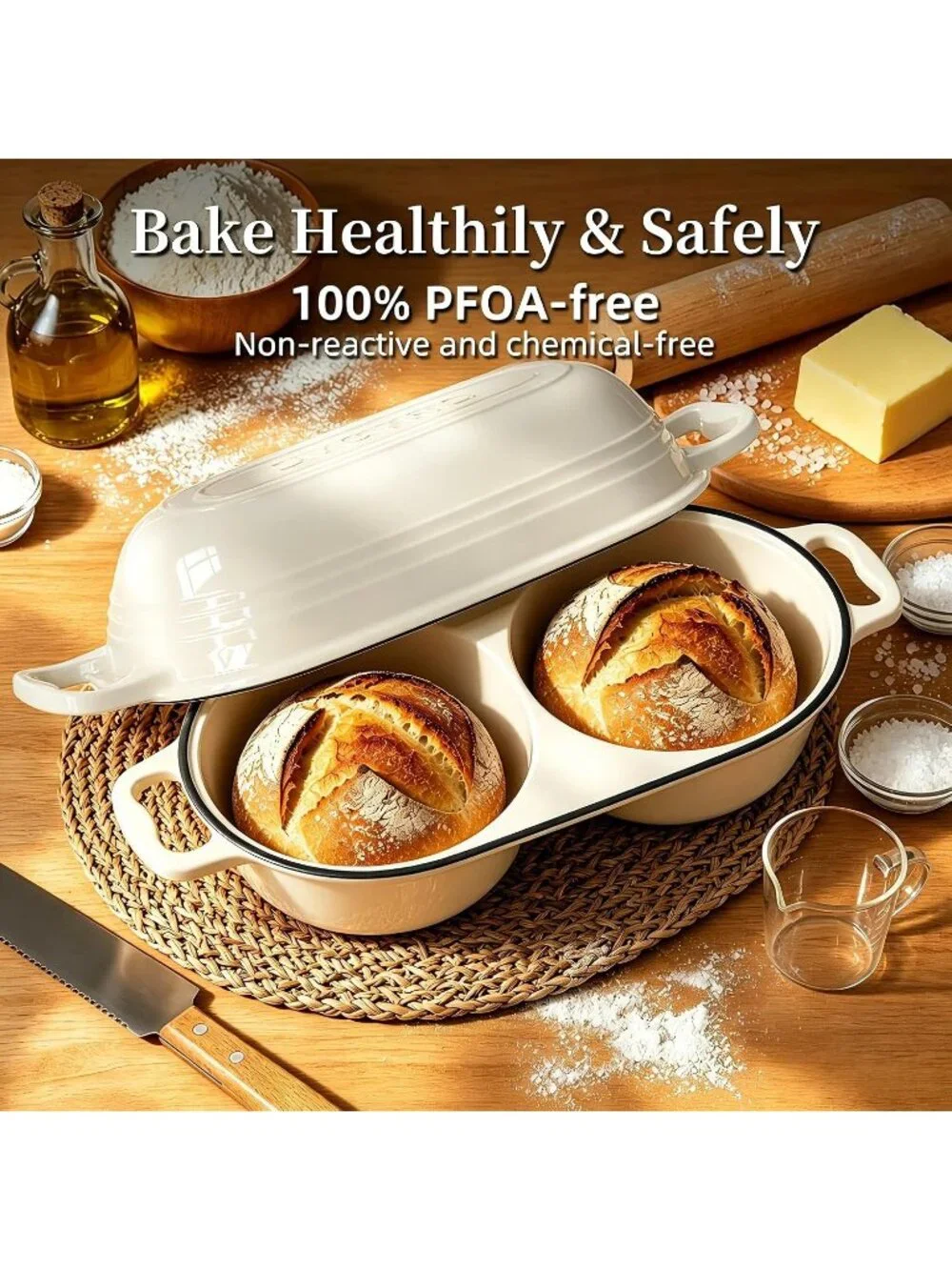 16cm Cream White Cast Iron Double Round Bread Loaf Pot with Lid Mini Dutch Oven